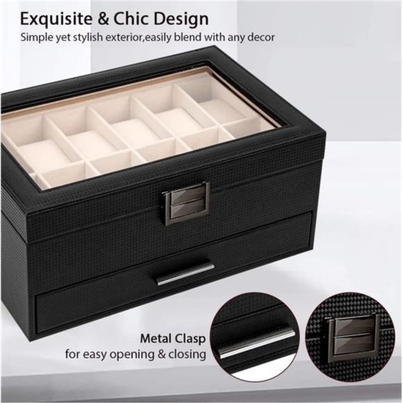 Jewelry Box for Men Women, 2 Layer Large 12 Slot PU Leather Watch Storage, Black - Picture 3 of 7